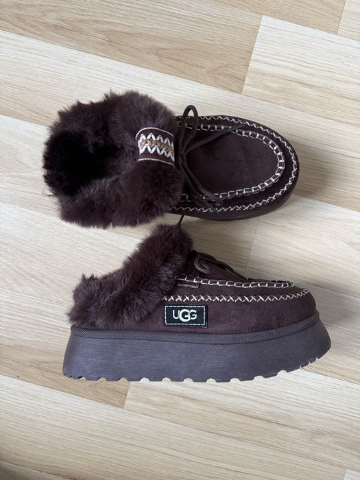 Brązowe śniegowce buty odkryta pięta futerko 36