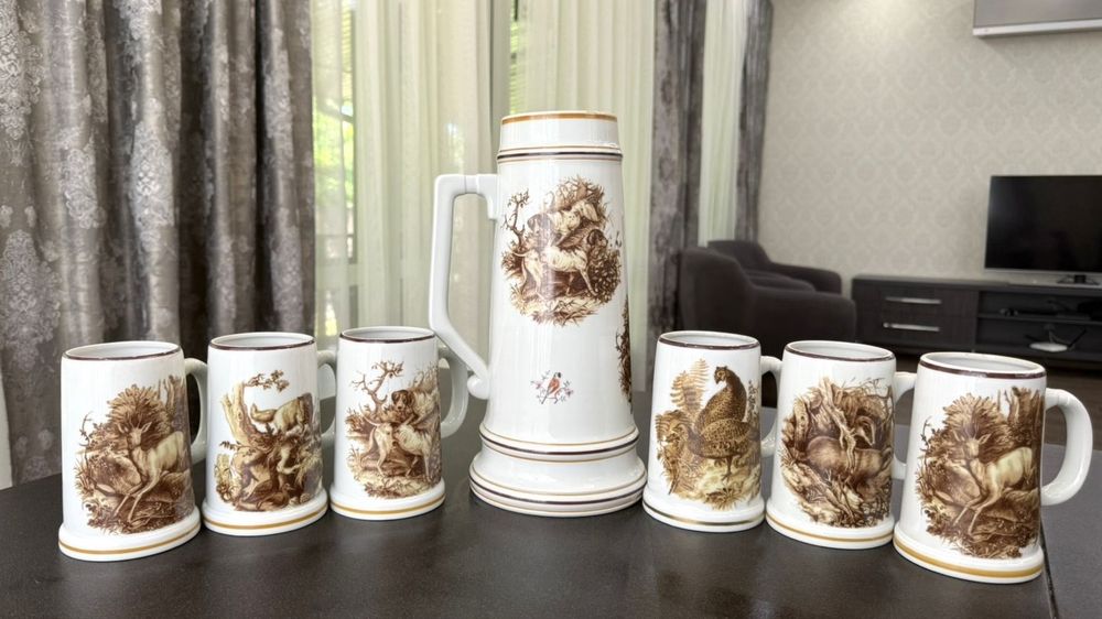 Винтажный фарфоровый набор пивных бокалов GDR Германи подарок охотнику