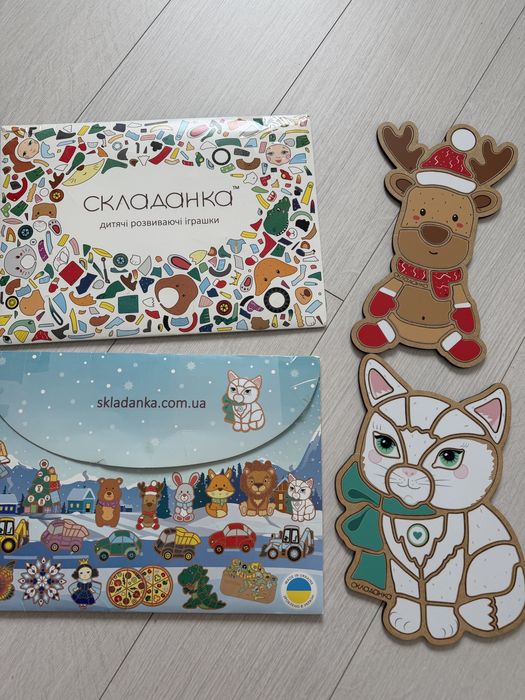 Деревʼяний пазл складанка для дітей Котик Новорічний олень Санти