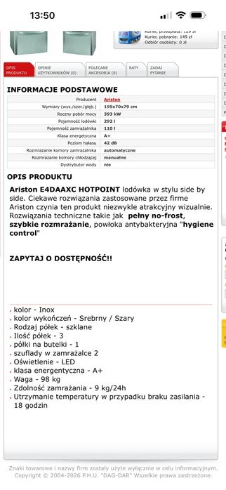 Sprzedam lodówka Ariston hotpoint Side by Side CM04FFE