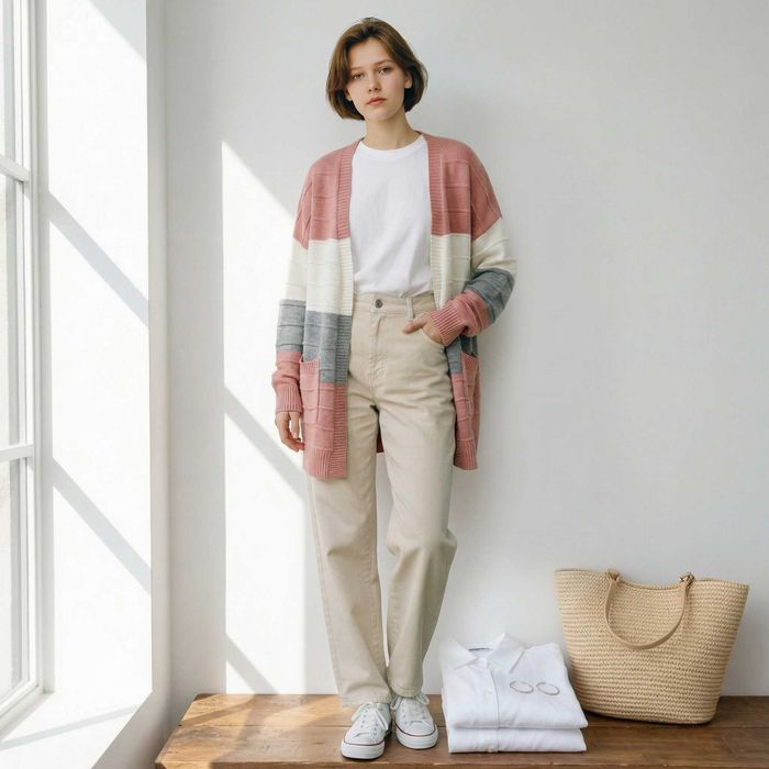 Kardigan SHEIN 2XL długi w paski z kieszeniami | oversize / cozy