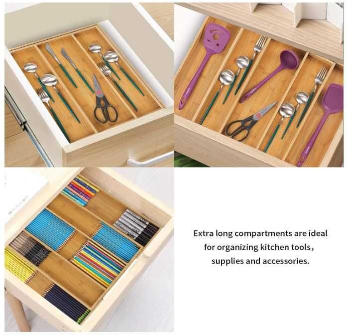 Bambusowy organizer na sztućce z 5 przegrodami regulowana wielkość