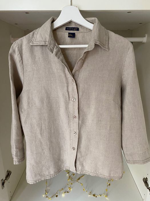 Koszula lniana beżowa rozpinaną z kołnierzykiem M 38 100% Len