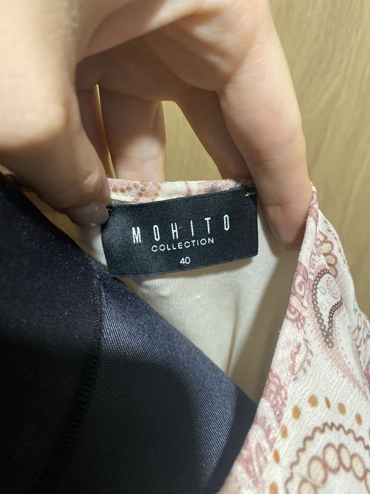 Sukienka mohito asymetryczna dłuższy tył m we wzorki dlugi rękaw mega