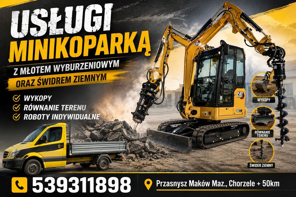 Usługi minikoparką z młotem wyburzeniowym oraz świdrem ziemnym