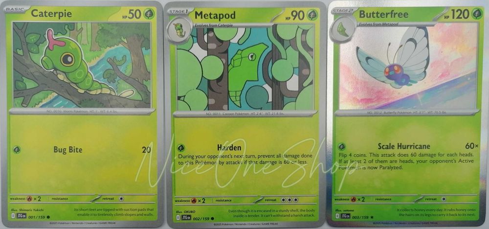 JTG (Journey Together) | Caterpie 001/159 (Common) + Metapod 002/159 (Common) + Butterfree 003/159 (Rare) | Oryginalne karty Pokemon TCG