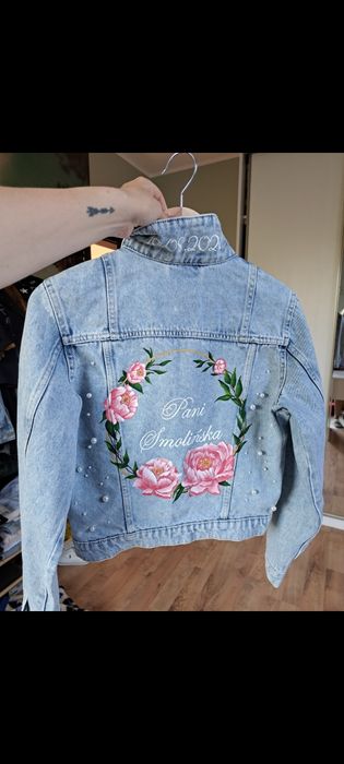 Kurtka jeansowa ślubna Ręcznie malowana katana Custom ślub prezent