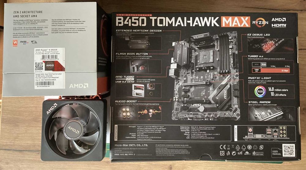 Procesor AMD Ryzen 9 3900X box  + płyta główna MSI B450 Tomahawk MAX + chłodzenie AMD Wraith Prism RGB