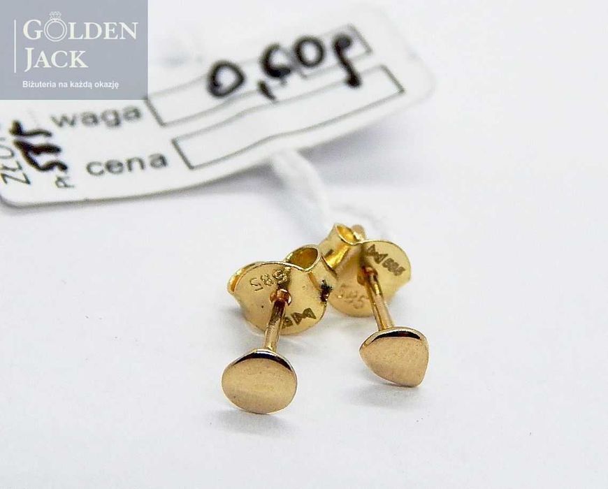 Złote kolczyki punktowe na sztyft złoto pr. 585 waga 0,6 g śr. 0,4 cm