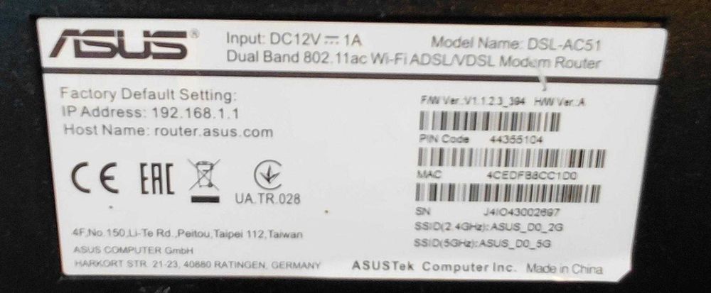 Router Modem VDSL ADSL ASUS DSL-AC51 802.11ac