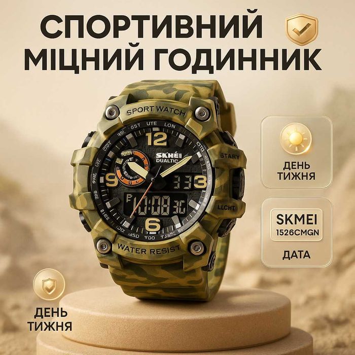 Годинник наручний чоловічий SKMEI 1520CMGN CAMO GREEN, годинник військовий чоловічий, для військовослужбовців. Колір: камуфляж