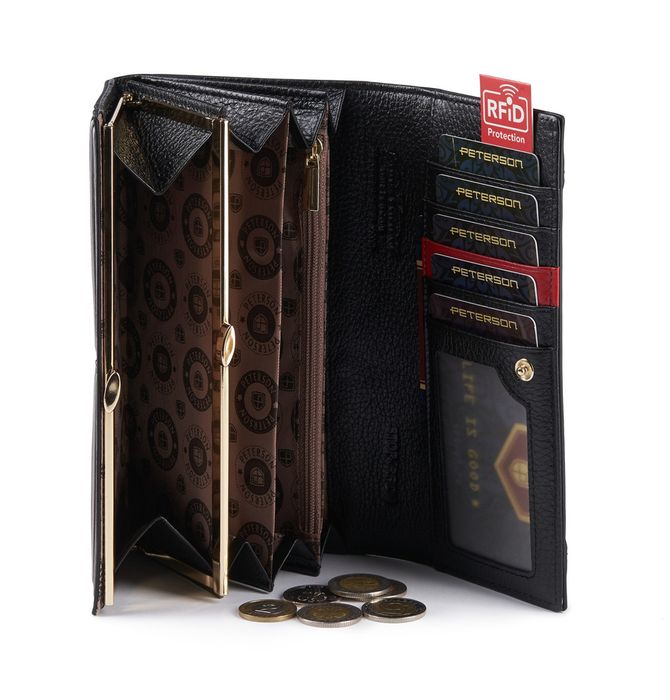 duży skórzany portfel damski z portmonetką na bigiel rfid - peterson