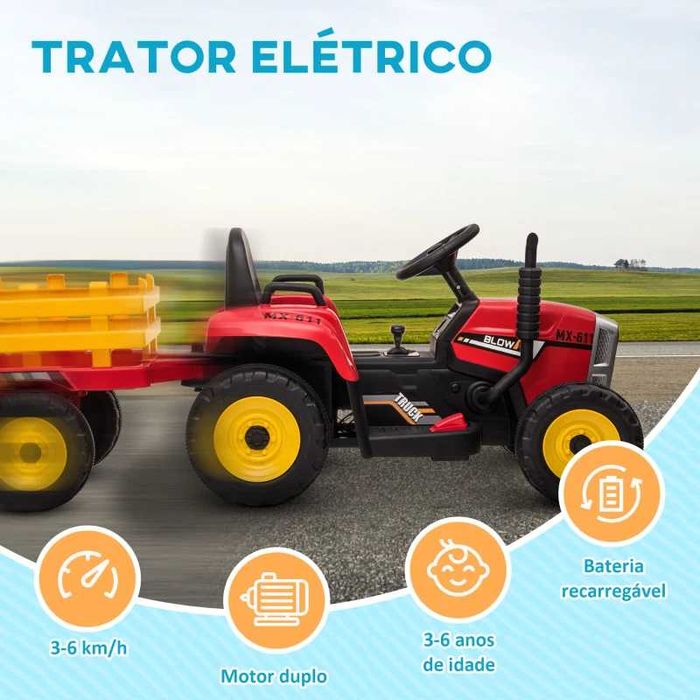 Brinquedos – Trator elétrico com reboque amovível, para crianças