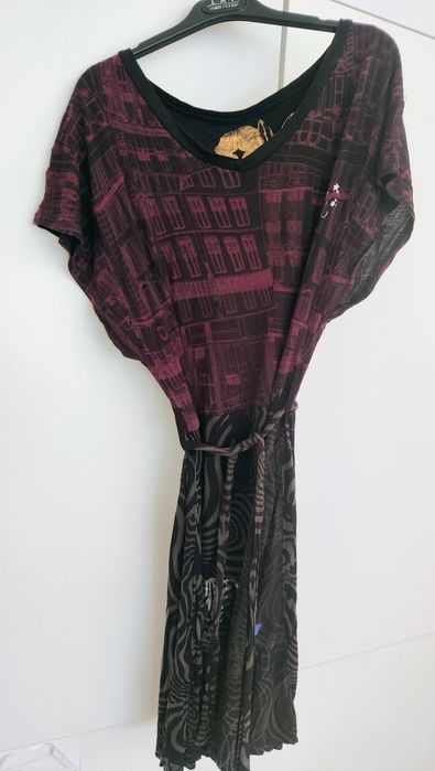 Vestido de verão, manga curta, preto e roxo, Desigual, S