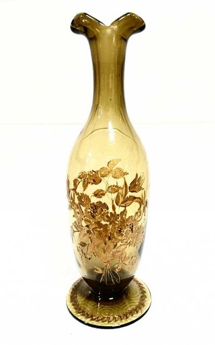 Rara jarra antiga em vidro fumado pintura floral à mão