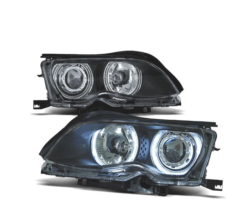 FARÓIS BMW E46 4P 01-05 ANGEL EYES FUNDO PRETO
