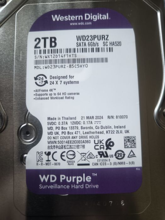 WD Purple Surveillance Hard Drive, 2Tb SATA 6Gb/s SC HA520