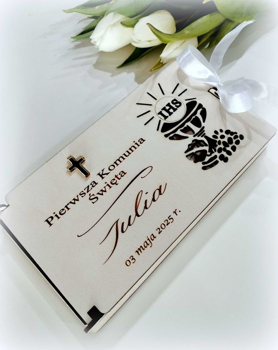 Drewniane pudełko Pierwsza Komunia Święta pieniądze prezent złoto HIT