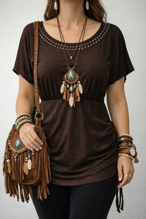 Túnica / Blusa comprida castanha – Manga morcego e franzidos com tachas Y2K - Tamanho XL