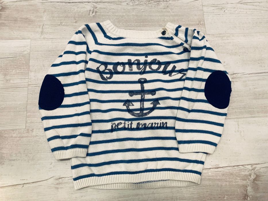 H&M r. 80 sweter sweterek marynarski w paski z kotwicą biały granatowy