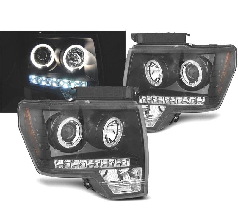 CONJUNTO DE FARÓIS PARA FORD F150 MK12 08-14 ANGEL EYES + LED PRETO