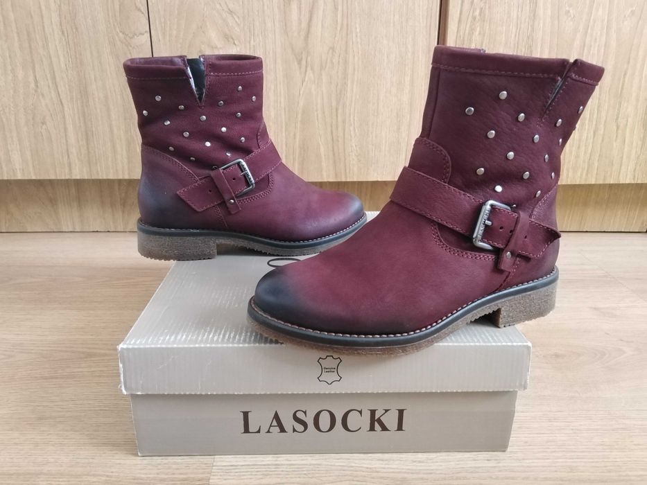 LASOCKI NOWE bordowe botki kozaki zimowe ćwieki skóra skórzane 36 23cm