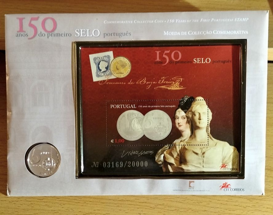 Conjunto Comemorativo 150 Anos do Primeiro Selo Português (Moeda 5€ +