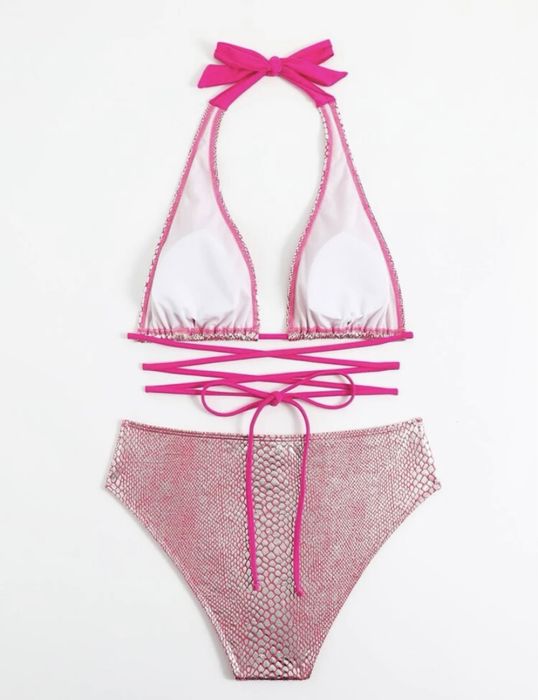 Bikini metaliczne różowe nowe s strój kąpielowy