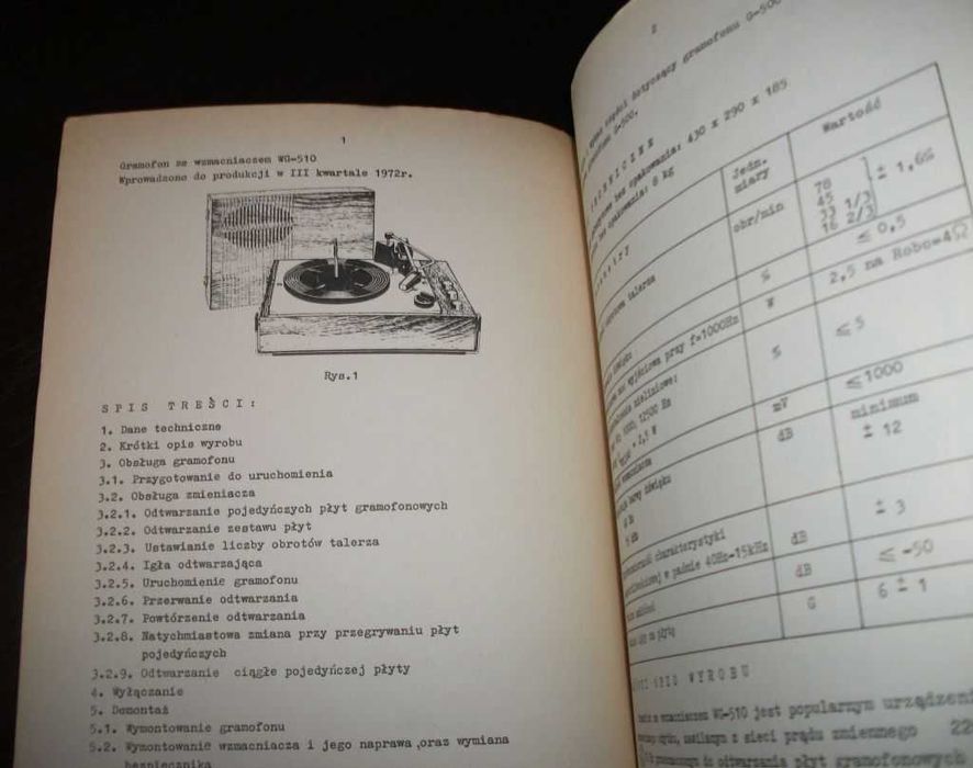 Instrukcja serwisowa Gramofon WG510 Unitra Fonica oryginał