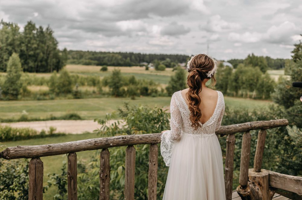 Suknia ślubna boho koronkowa długi rękaw ivory 36 S