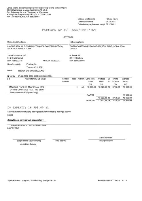 Macbook pro 16.2 M1 max / 24 GPU / 32 G / 1TB SSD  Faktura Vat