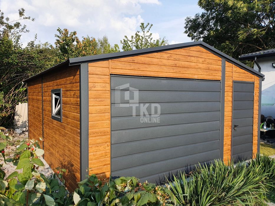Garaż Blaszany 4,5X5 Brama Drzwi Okno Antracyt Jasny Orzech Tkd85