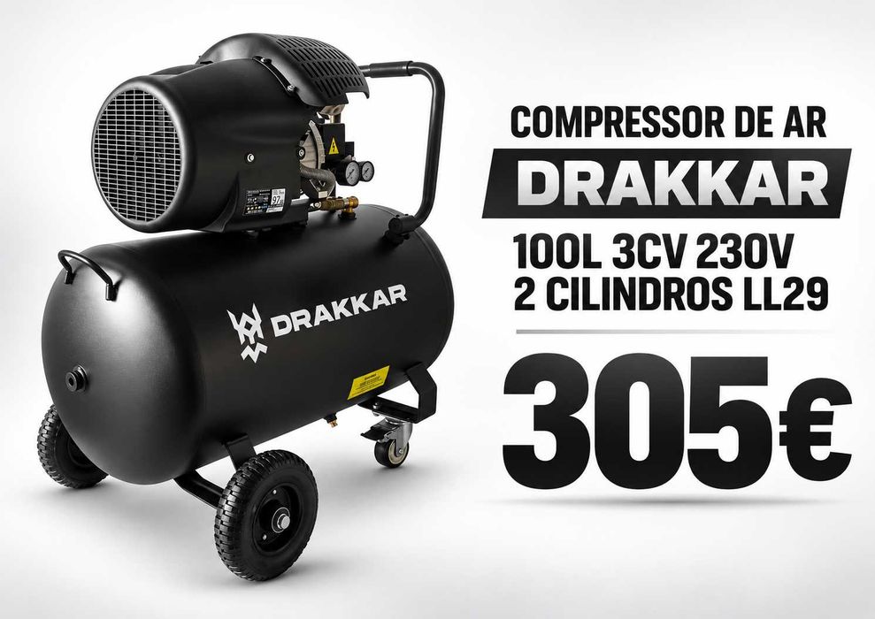 Compressor de Ar 100L DRAKKAR 3CV 230V 2 Cilindros LL29
