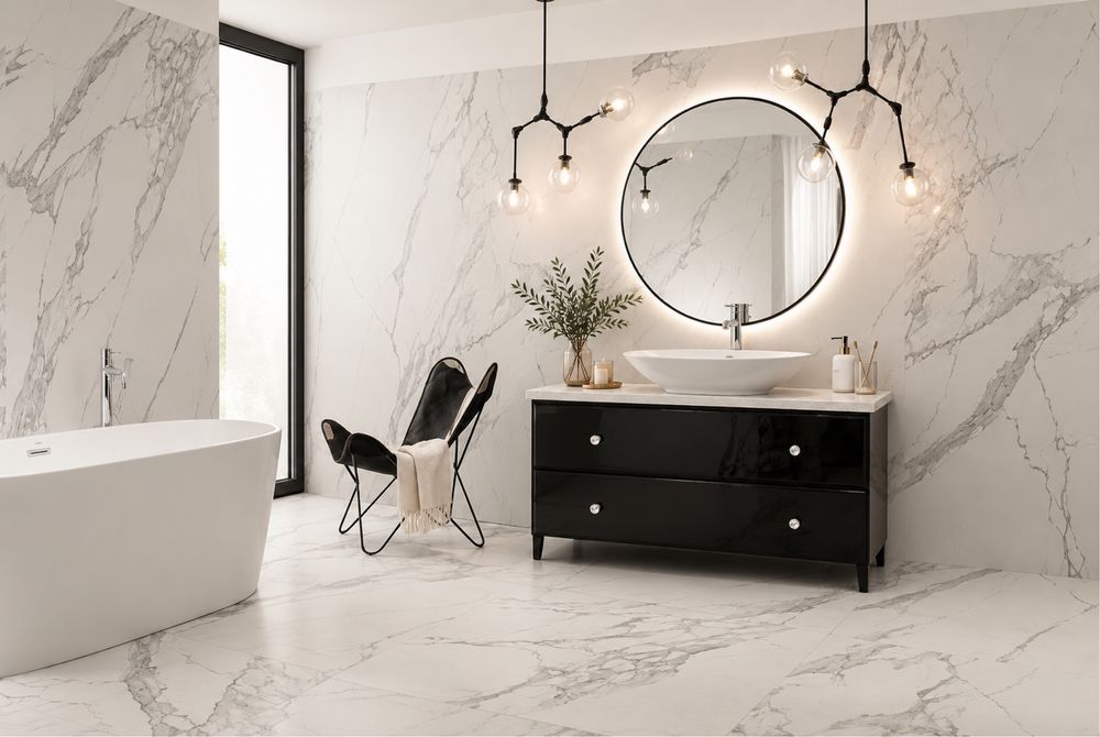 Elegancka szafka łazienkowa + kamienny blat + Villeroy & Boch + bateria