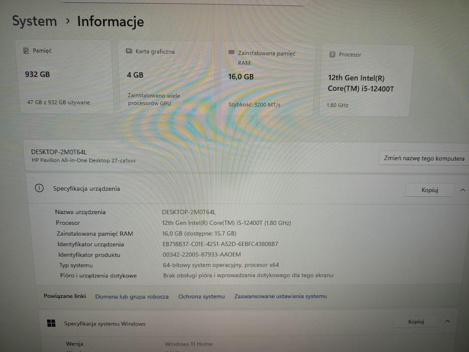 Komputer HP Pavillon All-in-one 27 cali, stan jak nowy