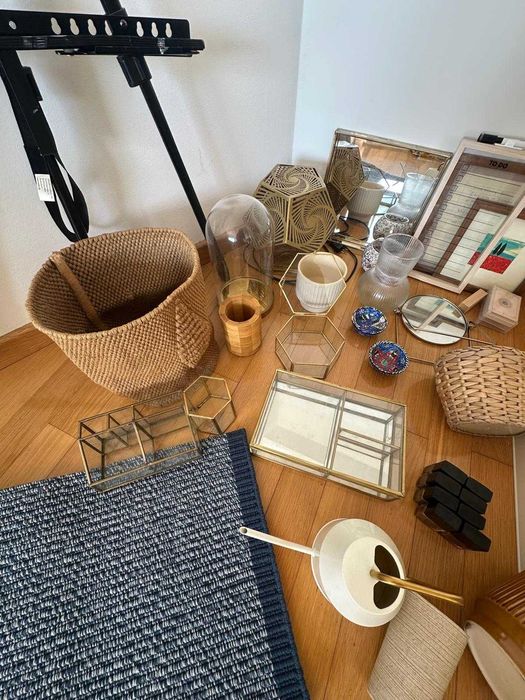 Lote decoração completo — cestos, vasos, caixas vidro, tapete