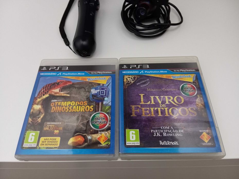 Comando de movimento Sony PS3 PlayStation 3 + livro Wonderbook + câmera + jogos o tempo dos dinossauros e livro de feitiços