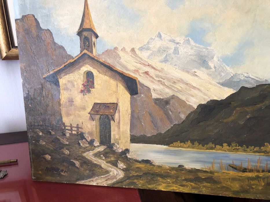 Pintura antiga, paisagem montanhosa,  original,