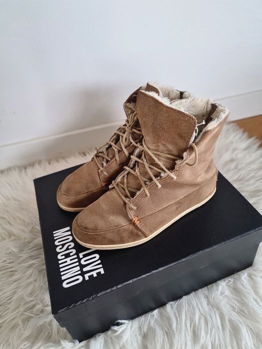 HUB 37 23cm skórzane botki trzewiki wiązane futerko nubuk skóra