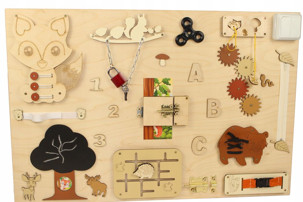 Tablica Manipulacyjna XXL sensoryka "LAS" zwierzęta Montessori 75 X 50cm PL. Nowy Produkt