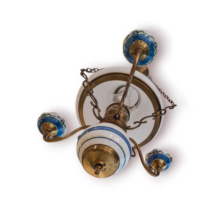 Candeeiro Teto Estilo Petróleo – 3 braços Louça de Viana pintada à mão