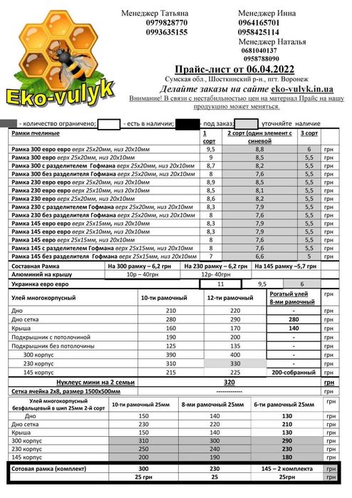 Рамка під сотовий мед 145, 230, 300,