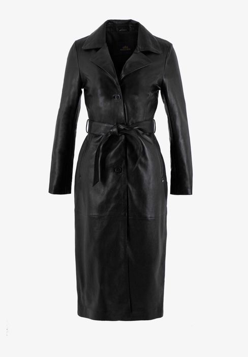 Wittchen Klasyczny damski płaszcz skórzany z paskiem czarny 42 XL NOWY