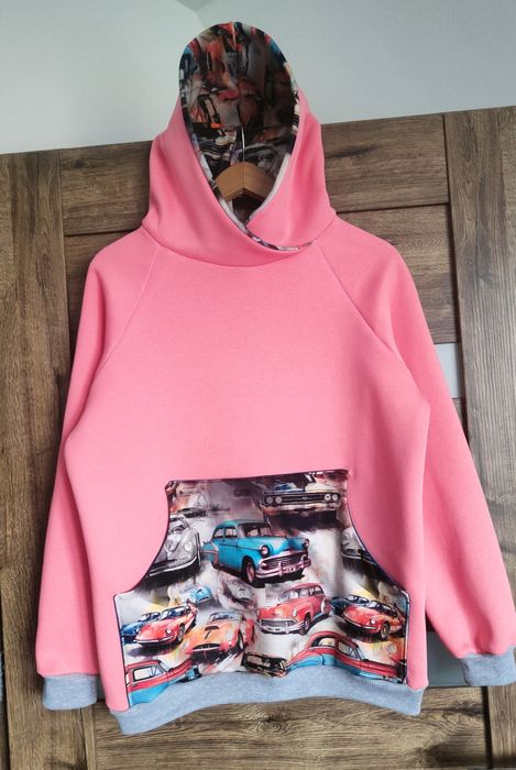 Zimowa gruba bluza Handmade nowa z kapturem kieszeń kangurka print sam