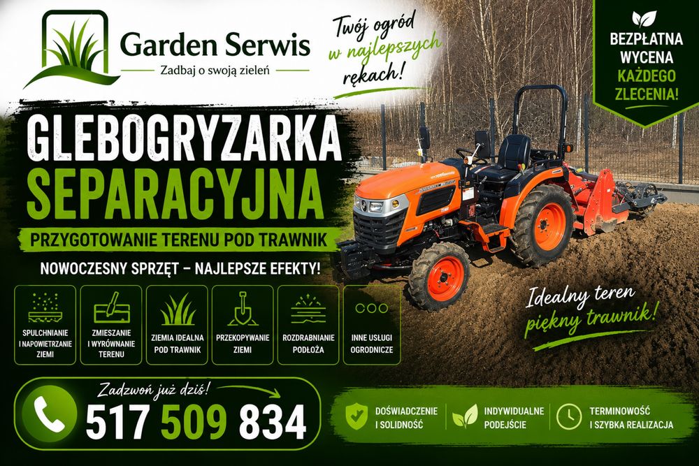 Usługi glebogryzarka separacyjna, przygotowanie terenu pod trawnik