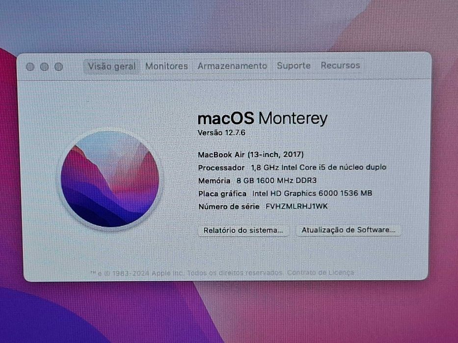 Portátil MacBook Air Ecrã Retina de 13.3'' , Ano de 2017 | Intel Core i5 a 1,8GHz | Disco SSD PCie alta capacidade | MacOS Monterey | Impecável