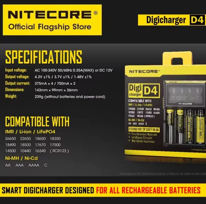 Заряднє Nitecore D4, Заряднє UM4,(оригінал) до 1500 ма макс, зарядне Li-ion Ni-MH/Ni-Cd,для АА, ААА, 18650, 21700