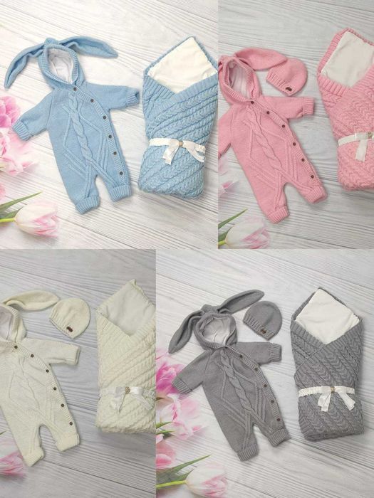 Теплий вязаний набір на виписку: плед, конверт, одяг