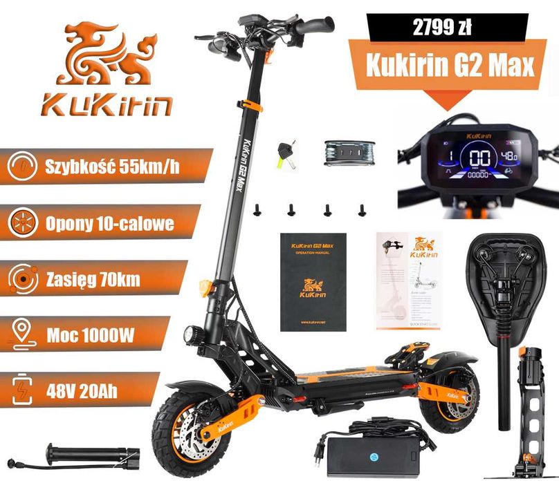 Hulajnoga elektryczna Kukirin G2 Max 1000W 80KM 48V 20Ah 10"