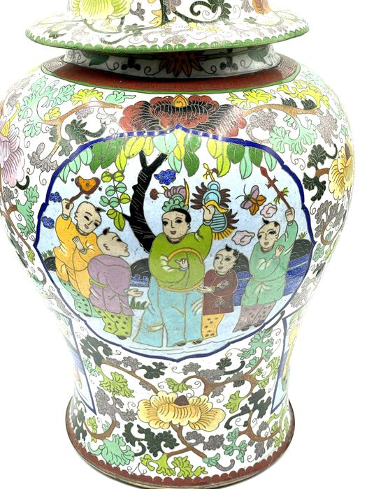 Grandioso pote cloisonné Famille Rose dinastia Qing